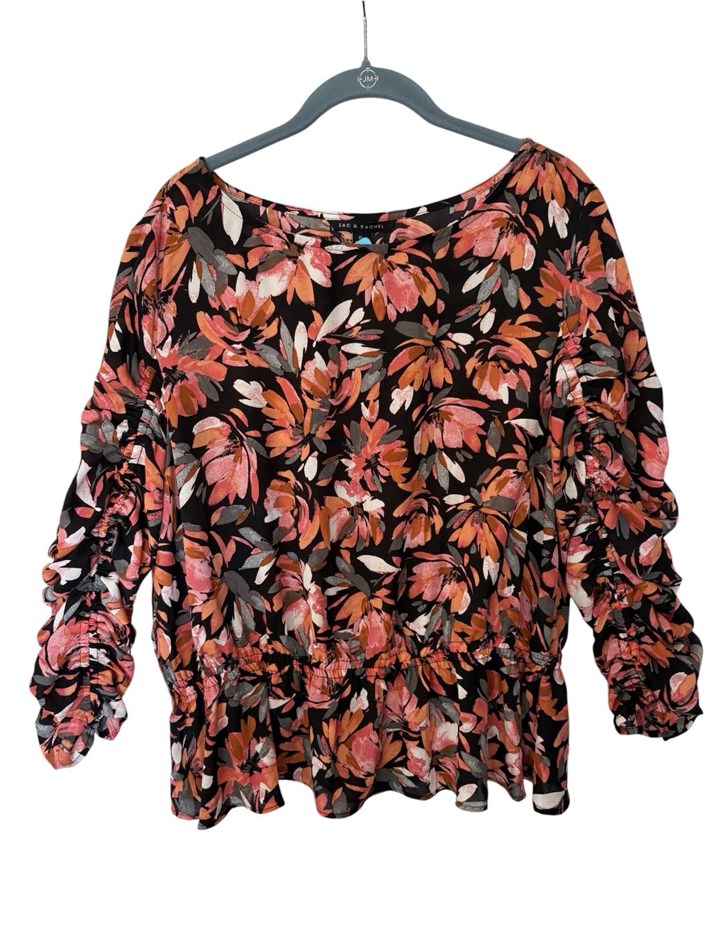 Zac & Rachel Black Floral Ruffle Hem Blouse - Pink and Orange Flowers